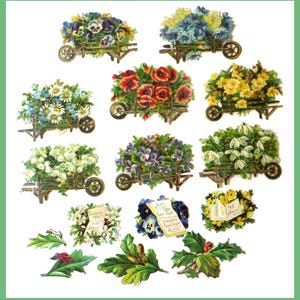Antique Victorian Scraps Die Cuts, embossed, FLOWER CARTS, 15 cuts, ephemera, scrapbooking, vintage paper, journaling,