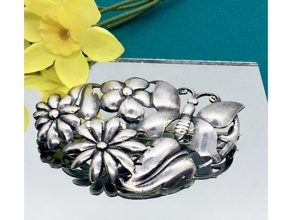 STERLING BAURING BROOCH pin,  Butterfly & Flowers… - image 1