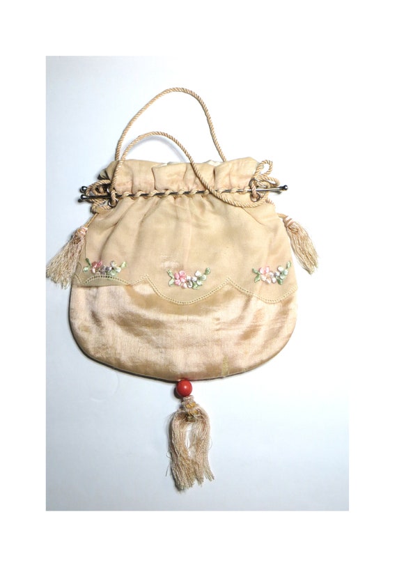 Pale Pink Fabric Purse with Embroidered Flowers, … - image 1