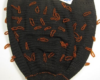 Vintage Black Crochet Purse with Orange Beaded Loops - tulip shaped reticlue bag