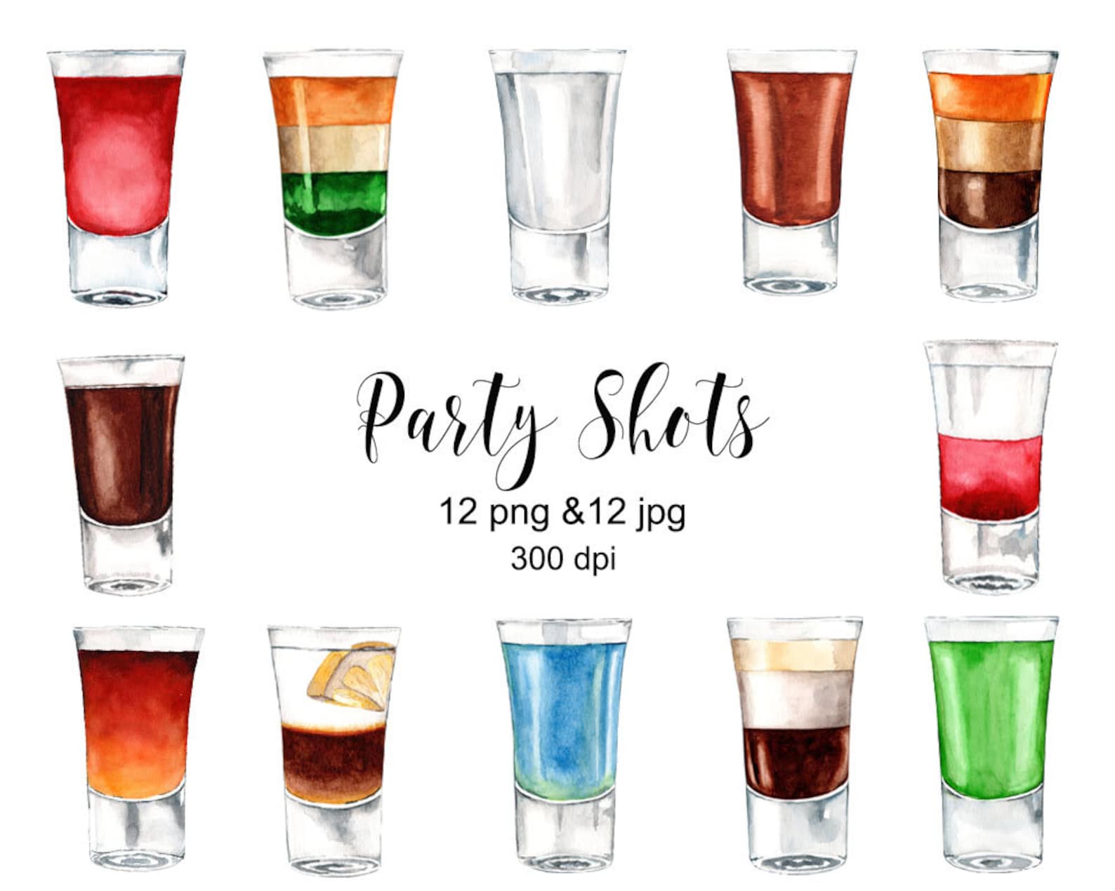 Party Shots, Watercolor Drinks Clipart, Shots Clipart, Alcohol Clipart
