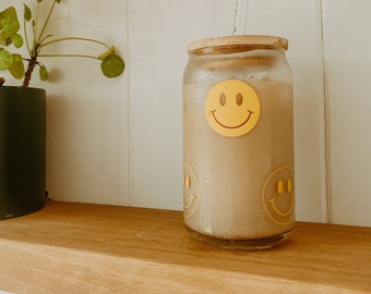 Smiley Face Beer Can Glass - Coffee Cup - Iced Coffee Cup - Glass Cup - Personalized Glass Cup - Retro Smiley Face Glass