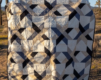 Handmade Modern Cotton Throw Quilt: Geometric Black, White & Gold (80x80)