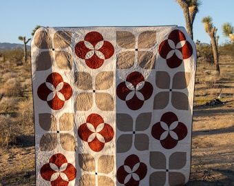 Handmade Floral Throw Quilt: Retro Red Bloom, 100% Cotton (75x75)
