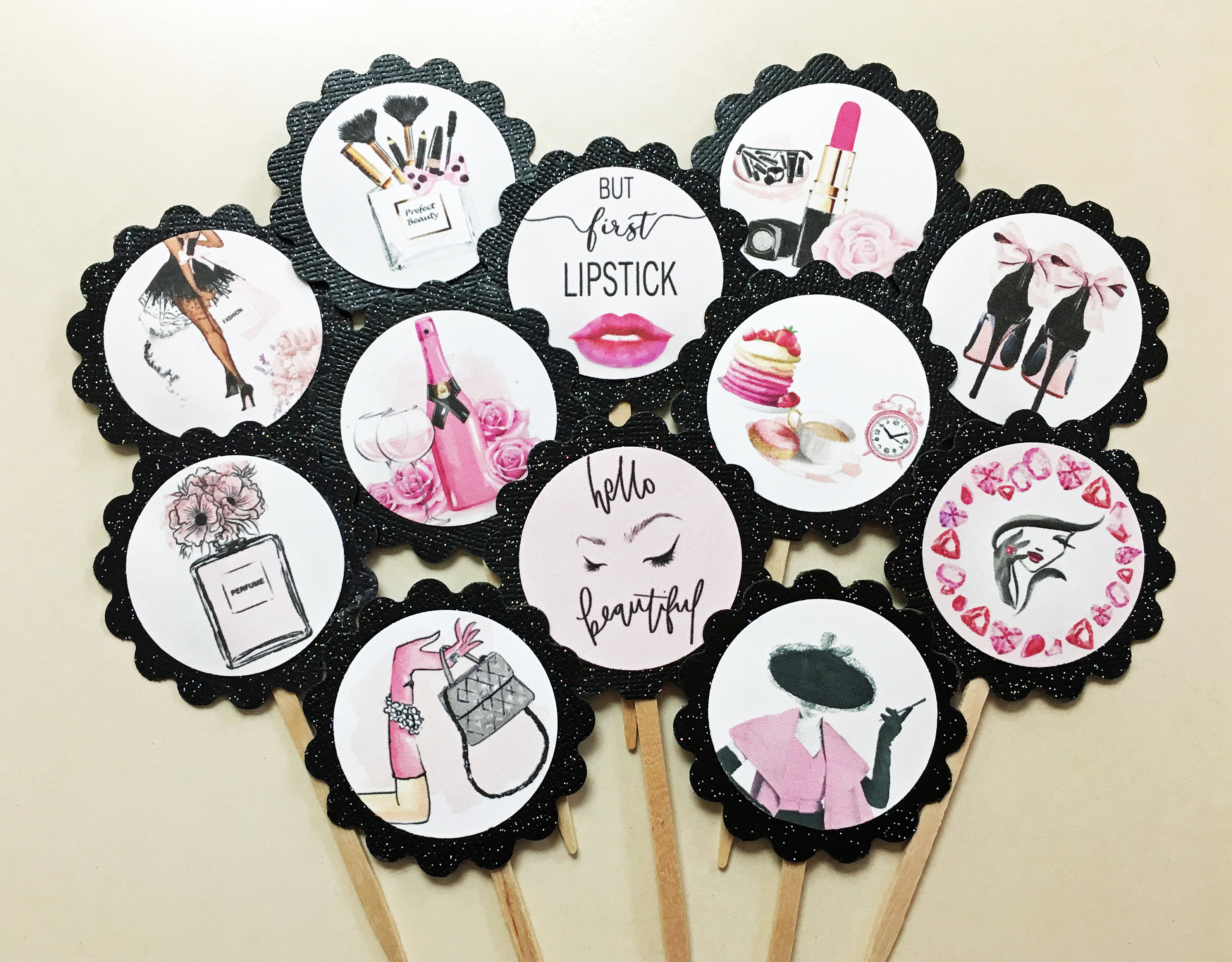Economical EdgeChanel No 5 label cake and cupcake toppers, coco chanel  symbol theme party