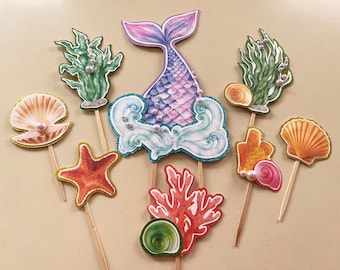 Topper per torta a forma di coda di sirena, compleanno di sirena, decorazioni per torte a forma di sirena non commestibili, compleanno sotto il mare, viola e acquamarina, decorazioni per feste in