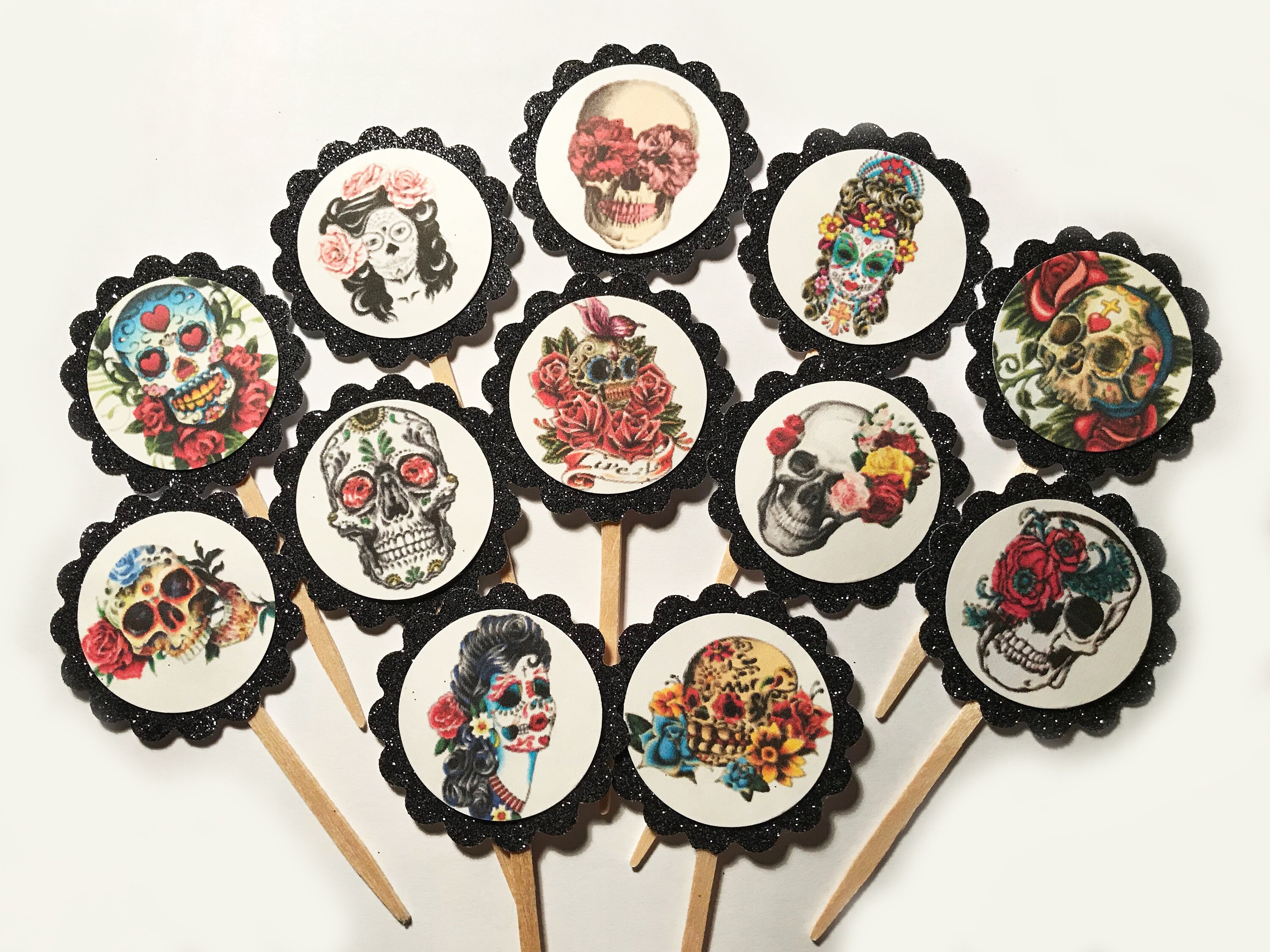 Lot De 21 Toppers Gothiques Pour Gâteaux Halloween - Têtes De Mort, Roses, Papillons - Déco Cupcake Réutilisable