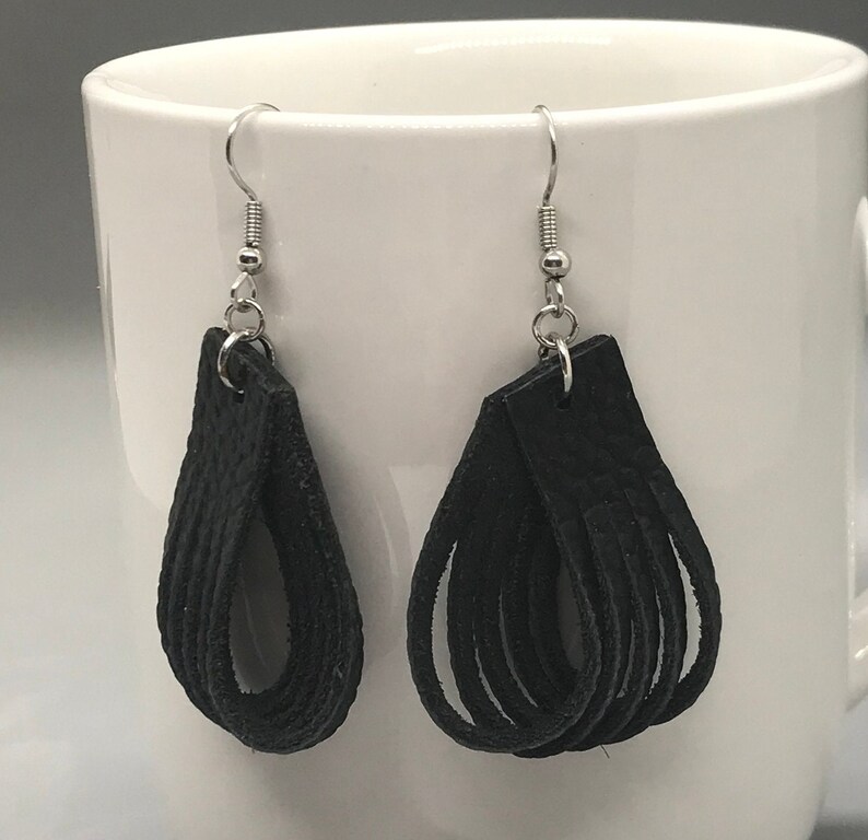Black Earrings Fish Hook Earrings Earrings Leather Earrings Black Leather Earrings French Hook Earrings Leather Earrings