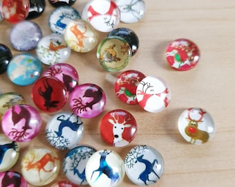 10 x Rentiere Cabochons Weihnachten zum Basteln Schmuckherstellung Glas Rund Mehrfarbig Ø 12mm