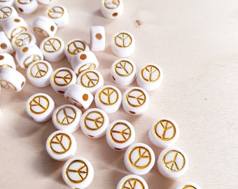 50 x Peace Acrylic Beads for Stringing/Crafting Jewelry Making Peace Freedom Beads Spacers Decorative Accessories Multicolor Gold White