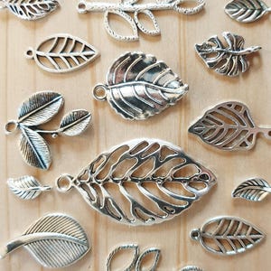 Leaf pendant set. Jewelry making craft gift decoration charms silver colored chain autumn 10 pieces