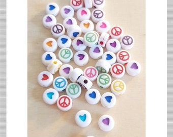 50 x Colorful Heart and Peace Acrylic Beads for Stringing, Crafting, Jewelry Making, Beads, Spacers, Decoration Accessories, Love, Friendship, Valentine's Day