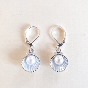 Maritime shell with pearl earrings. Handmade jewelry with leverbacks