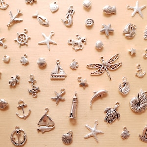 Könnte beinhalten: Eine Sammlung von silbernen Anhänger-Anhängern mit verschiedenen nautischen und Strandmotiven, darunter Muscheln, Seesterne, Anker, Schildkröten, Segelboote, Fische und eine Libelle.