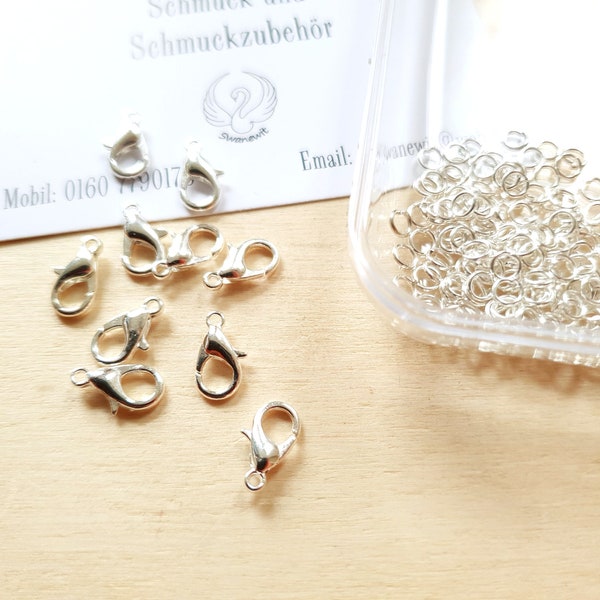 Kleines Schmuckset Karabiner + Binderinge/Biegeringe . Größe jeweils: 12mm + 4mm . 60-teilig