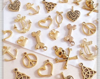 Gemischtes Anhängerset im Mix . Schmuckherstellung Basteln Geschenkdeko Handarbeit Hobby Charms Gold 10 Teile