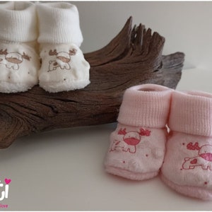 Baby Slipper Little Reindeer in Minky ecru and pink one-size-fits-all colors adorable birth gift