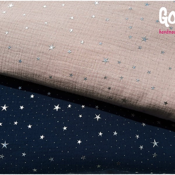 Tissu double gaze gaufrée 100 % coton BIO certifié GOTS Bleu nuit ou Rose vieux avec petites étoiles argentées Oeko-tex