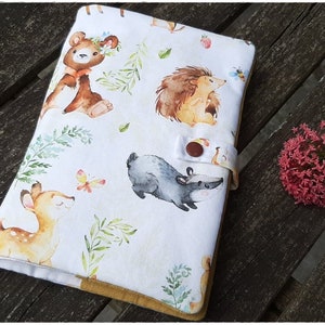 Health book cover in 'Adorable Animals' fabric, health book cover, fleece, baby, white and mustard, customizable