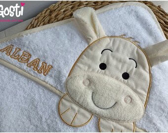 High quality hooded towel with little donkey embroidery for adorable baby birth gift, optional personalization