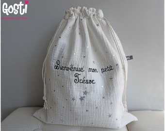 Sac de naissance avec broderie Ma petite tenue de Naissance ou texte de votre choix  en tissu double gaze entièrement doublé pour bébé