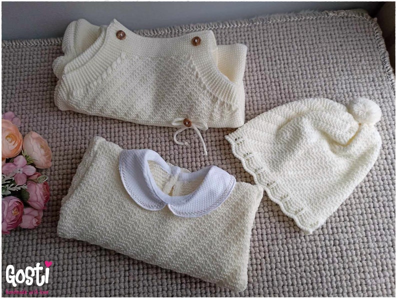 Ensemble 3 pièces pour bébé salopette à pieds en tricot pull et bonnet adorable cadeau de naissance image 8