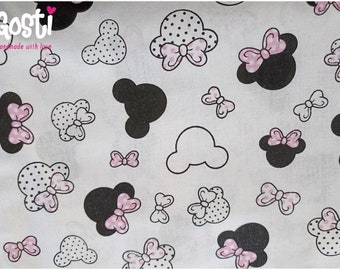 Tissu coton imprimé qualité PREMIUM motifs Minnie noir et rose sur fond blanc certifié Oeko-tex