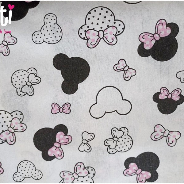 Tissu coton imprimé qualité PREMIUM motifs Minnie noir et rose sur fond blanc certifié Oeko-tex