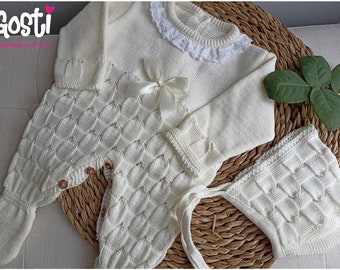 Ensemble 2 pièces pour bébé combinaison en tricot écru avec béguin adorable cadeau de naissance