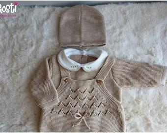 Ensemble 3 pièces pour bébé salopette à pieds en tricot pull et bonnet adorable cadeau de naissance