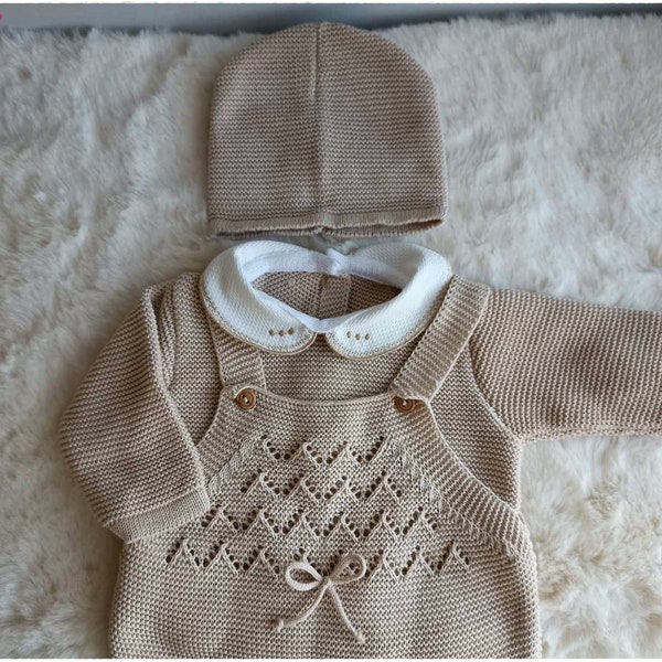 Ensemble 3 pièces pour bébé salopette à pieds en tricot pull et bonnet adorable cadeau de naissance