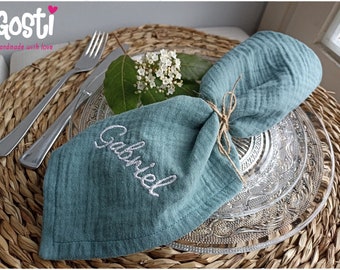 Serviette de table en tissu double gaze gaufrée 100 % coton BIO certifié GOTS en 8 couleurs et 2 tailles broderie en option