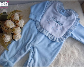 High quality velvet sleepsuit with pique cotton collar and English embroidery, very elegant and comfortable baby pajamas, adorable birth gift