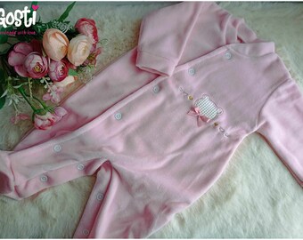 High quality pink velvet sleepsuit with embroidery very elegant and comfortable baby girl pajamas adorable birth gift