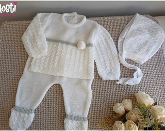 Ensemble de naissance 3 pièces pantalon en tricot avec pull et un adorable béguin