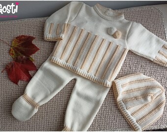 Ensemble de naissance 3 pièces pantalon en tricot avec pull et un adorable bonnet couleur écru