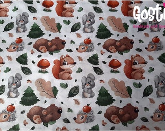 Tissu coton imprimé qualité PREMIUM motifs Forêt ours lapins écureuils sur un fond blanc certifié Oeko-tex