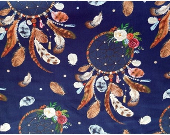 Printed cotton fabric quality PREMIUM pattern catcher dreams on navy blue background certified Oeko-tex