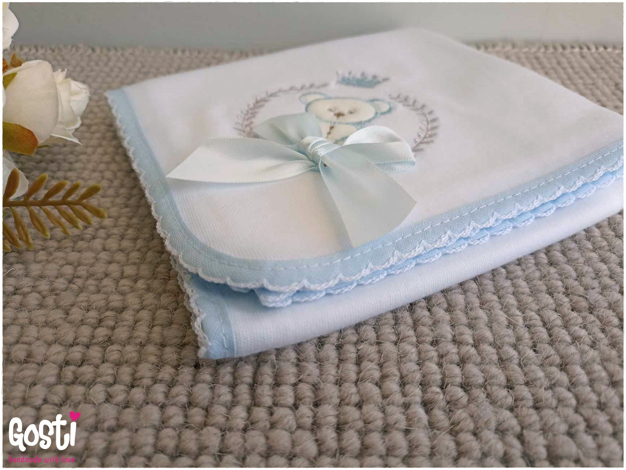 Lange Bébé En Jersey De Coton Crème Brodé Ourson