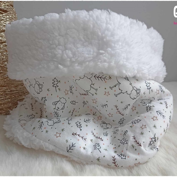 Snood bébé et enfant tour de cou tout doux tissu jersey coton imprimé adorables petits moutons et fausse fourrure mouton blanc enfant mixte