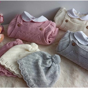 Ensemble 3 pièces pour bébé salopette à pieds en tricot pull et bonnet adorable cadeau de naissance image 9
