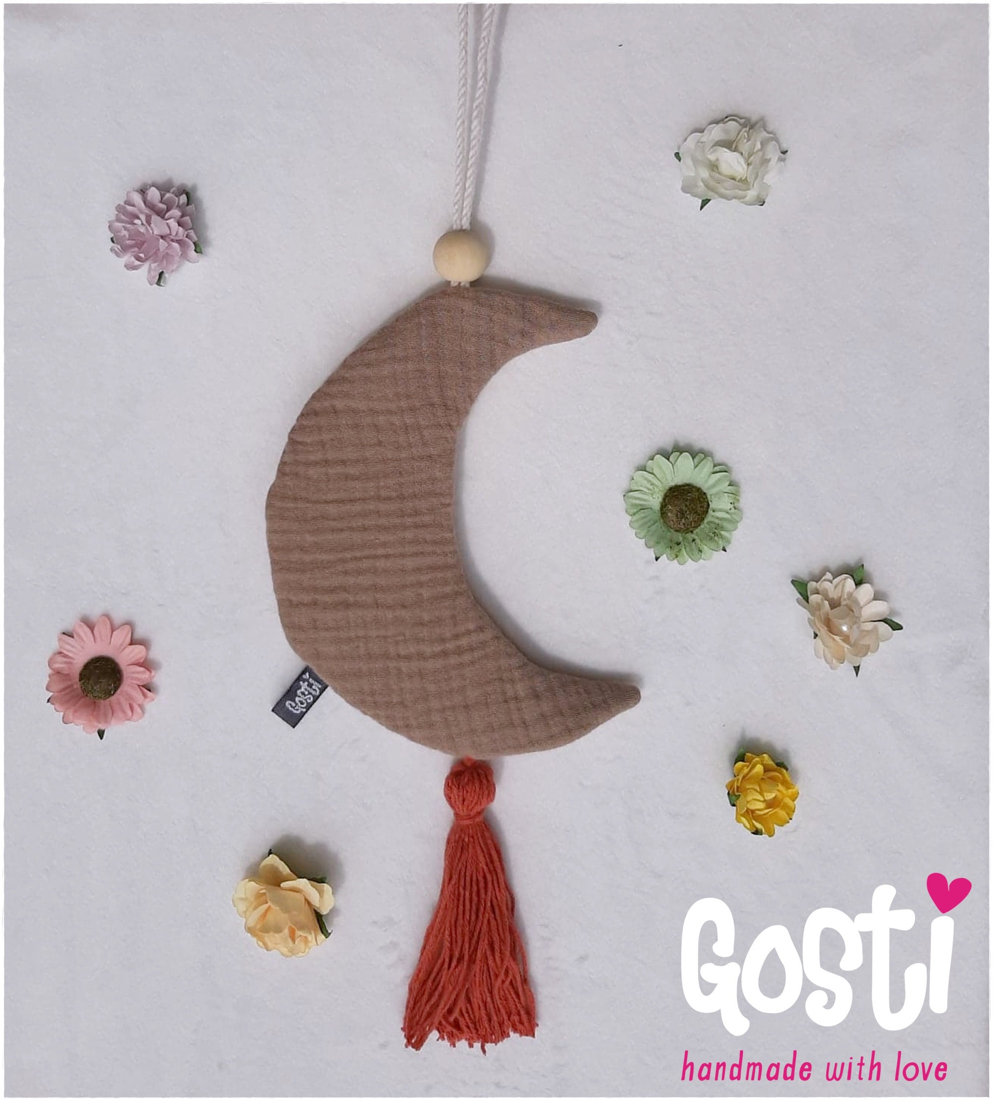 Décoration Murale Lune Beige en Coton Double Gaze Bio Pour Décoration Chambre Enfant ou Autre Pièce 