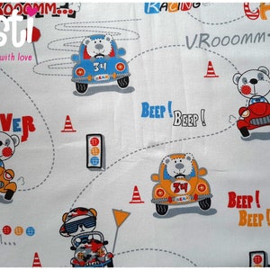 Printed cotton fabric quality PREMIUM adorable teddy bears in the car on a white background certified Oeko-tex