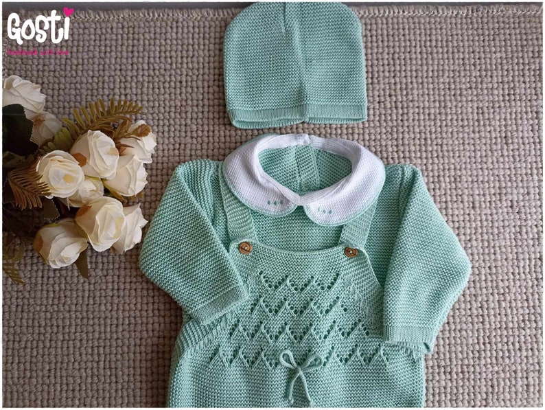 Ensemble 3 pièces pour bébé salopette à pieds en tricot pull et bonnet adorable cadeau de naissance image 2