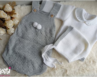 Conjunto de 3 piezas para bebé pelele de punto gris con jersey y adorable regalo de nacimiento