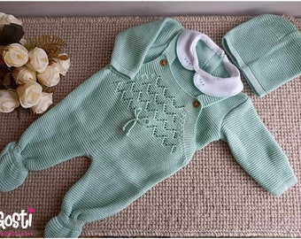 Ensemble 3 pièces pour bébé salopette à pieds en tricot pull et bonnet adorable cadeau de naissance