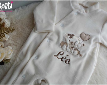 High quality velvet sleepsuit with teddy bear application embroidery, very elegant and comfortable baby pajamas, adorable birth gift