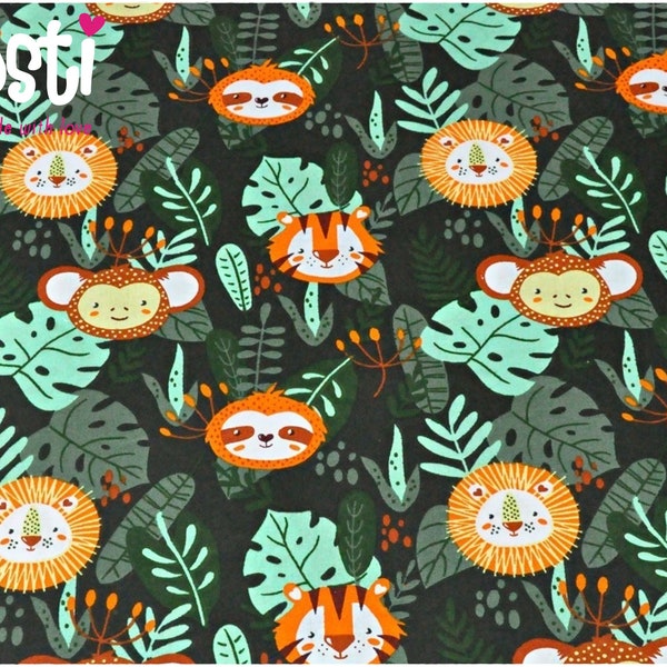 Tissu coton imprimé qualité PREMIUM motifs Jungle Animaux singes tigres et lions certifié Oeko-tex