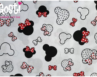 Tissu coton imprimé qualité PREMIUM motifs Minnie noir et rouge sur fond blanc certifié Oeko-tex