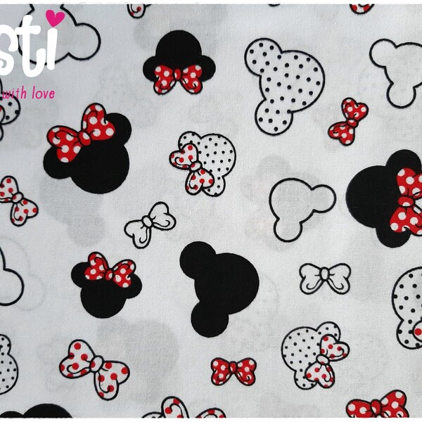 Tissu coton imprimé qualité PREMIUM motifs Minnie noir et rouge sur fond blanc certifié Oeko-tex